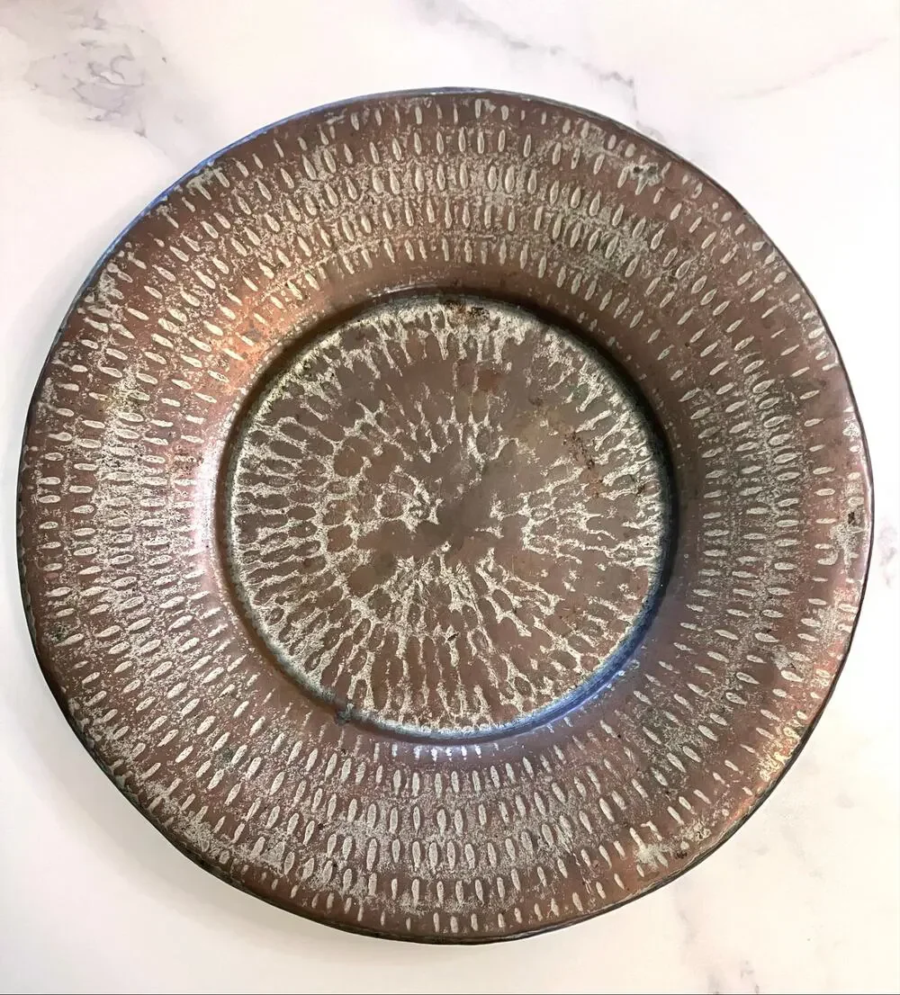 Vintage Hammered Copper Platter Large Turkish Bowl Tinned Rolled Edge 15 In